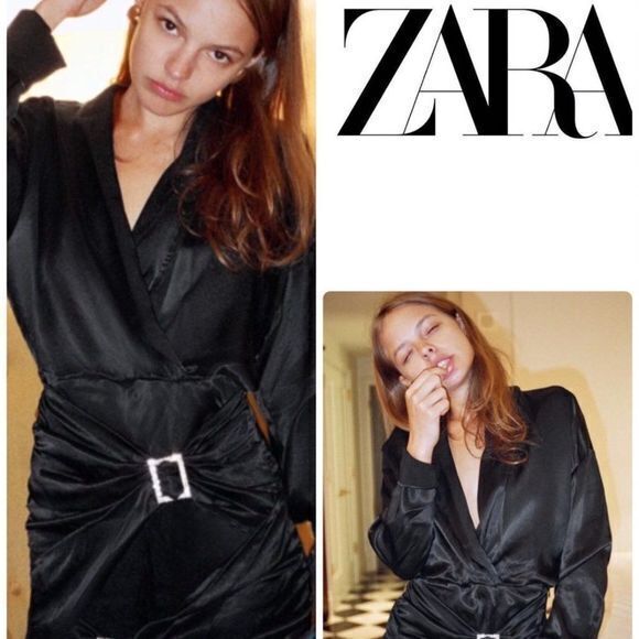 NEW ZARA JEWEL‎ TRIM SATIN EFFECT DRESS BLACK LONG SLEEVE V NECK BUCKLE - Picture 1 of 7